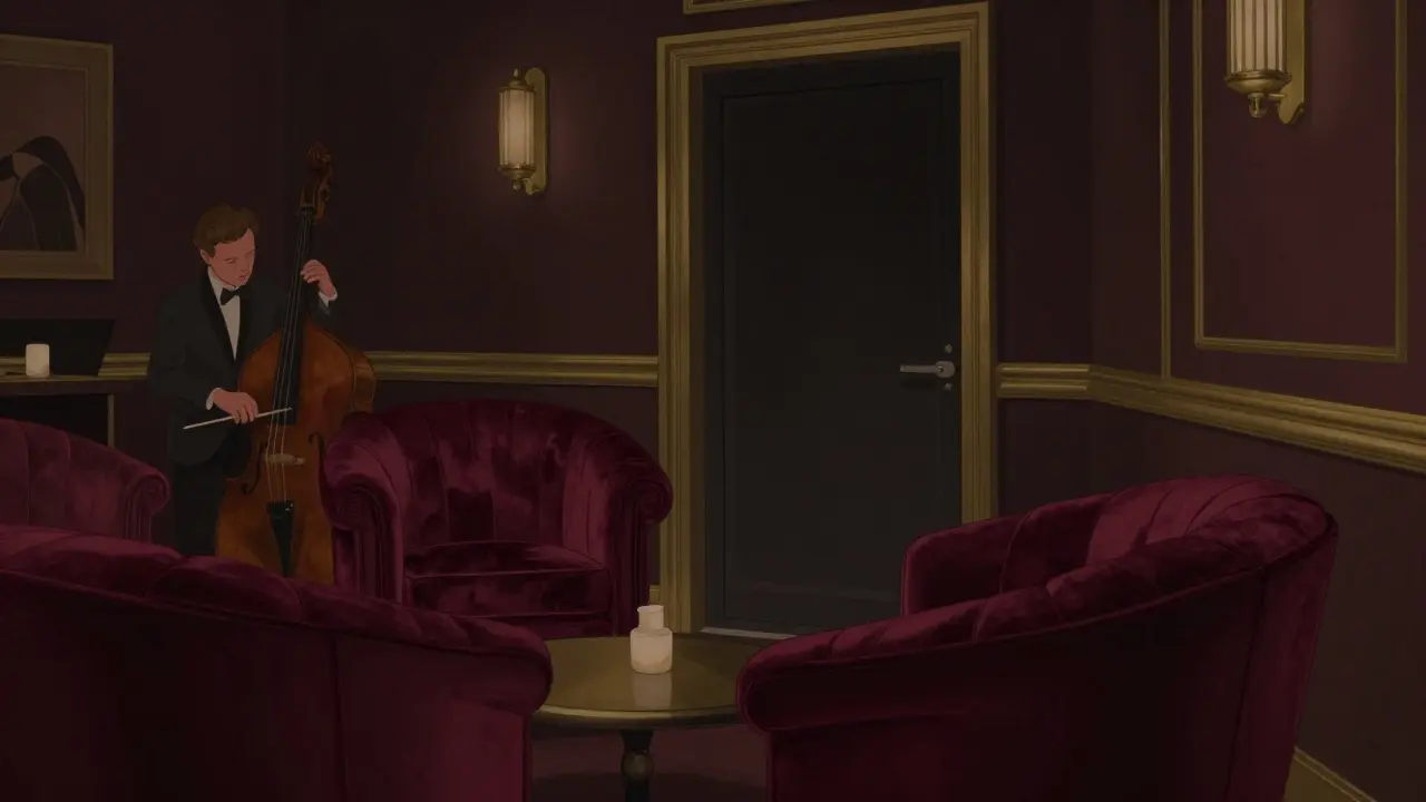 Speakeasy lounge with velvet chairs and soft jazz musicians in low lighting.