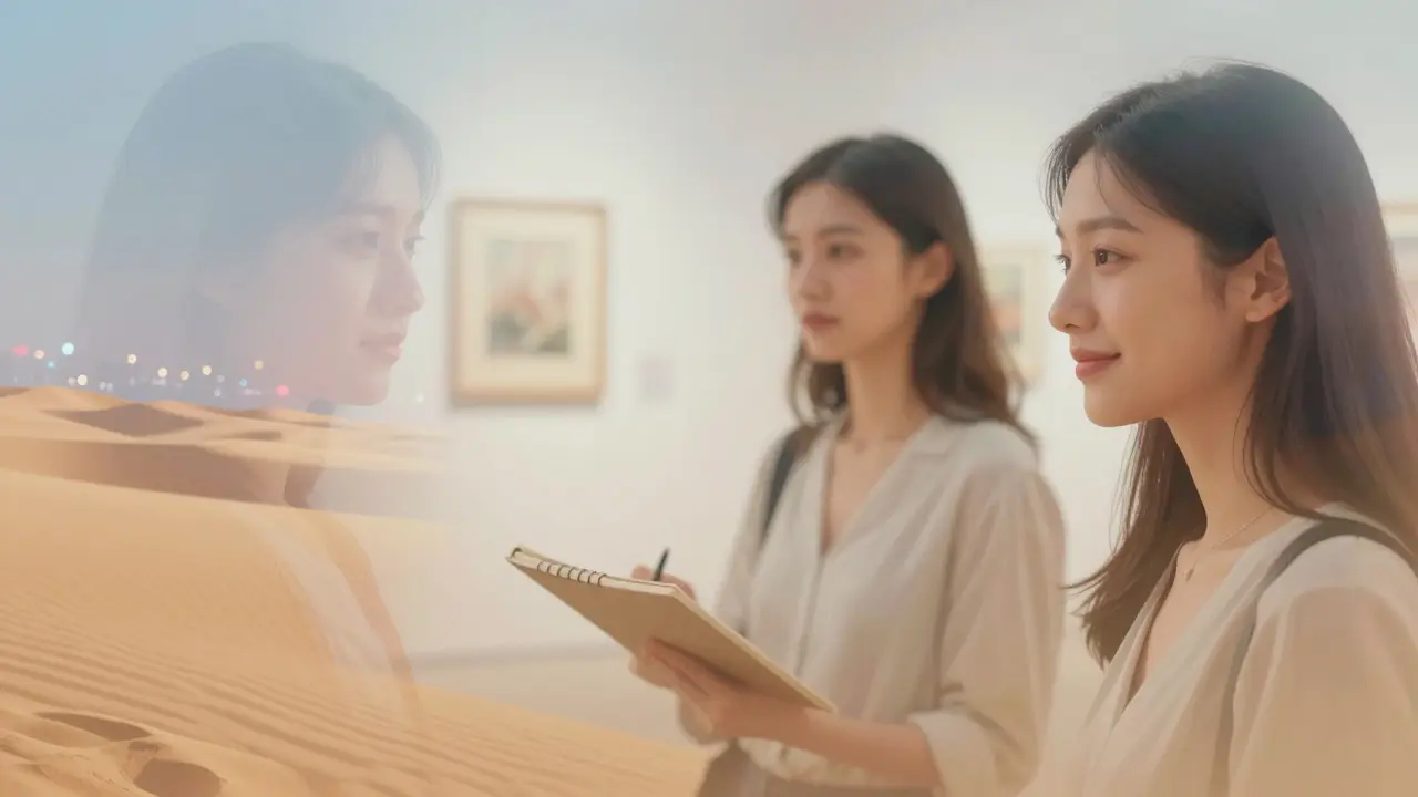 Three soft-focus portraits of a sophisticated companion, blending academic, artistic, and empathetic qualities.