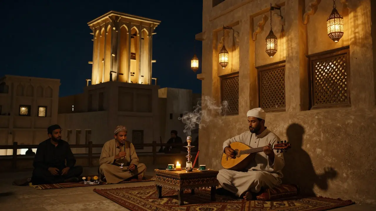 Traditional Arabic lounge in a historic windtower with oud player and lantern-lit shisha seating.