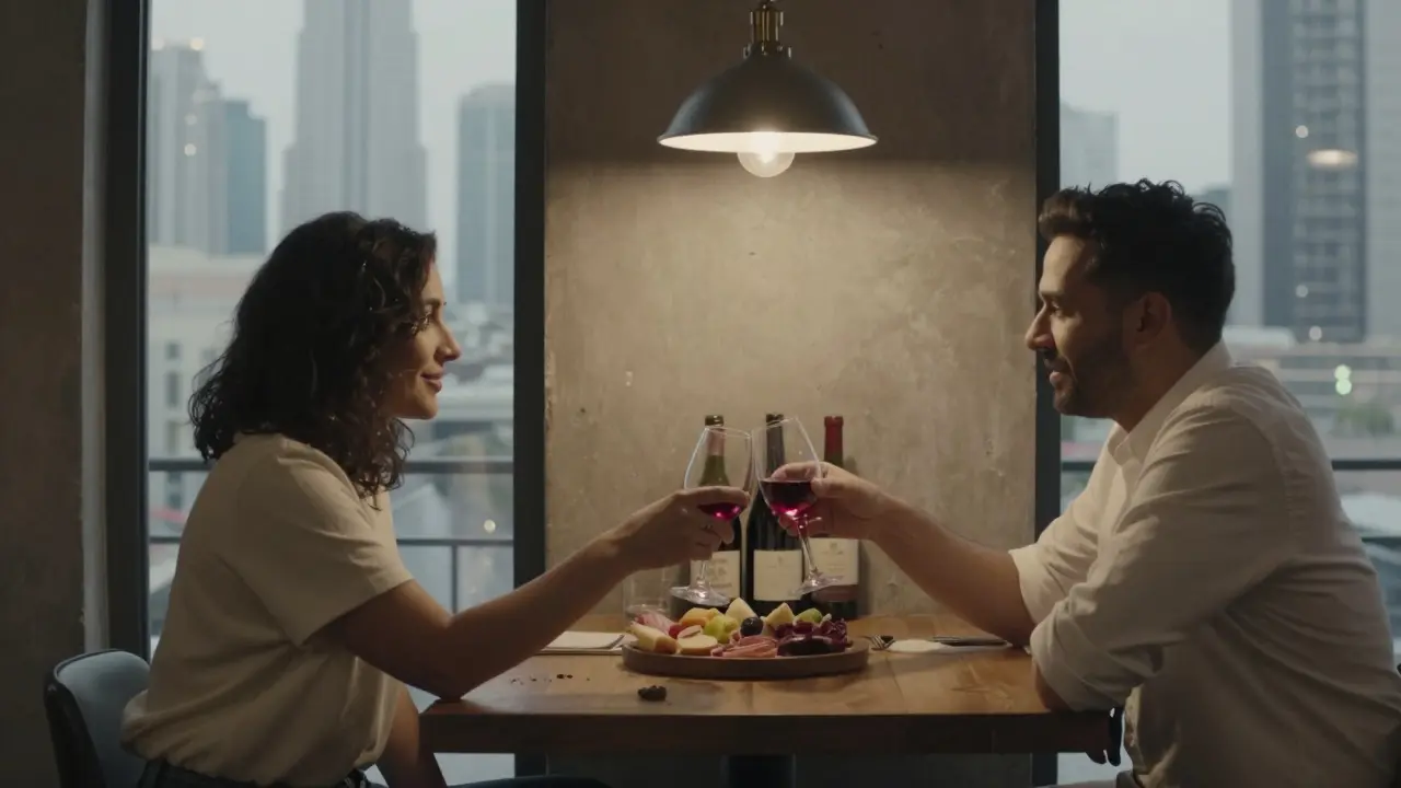 Two people enjoying wine and charcuterie at a quiet table with soft lighting and a view of Dubai's distant skyline.