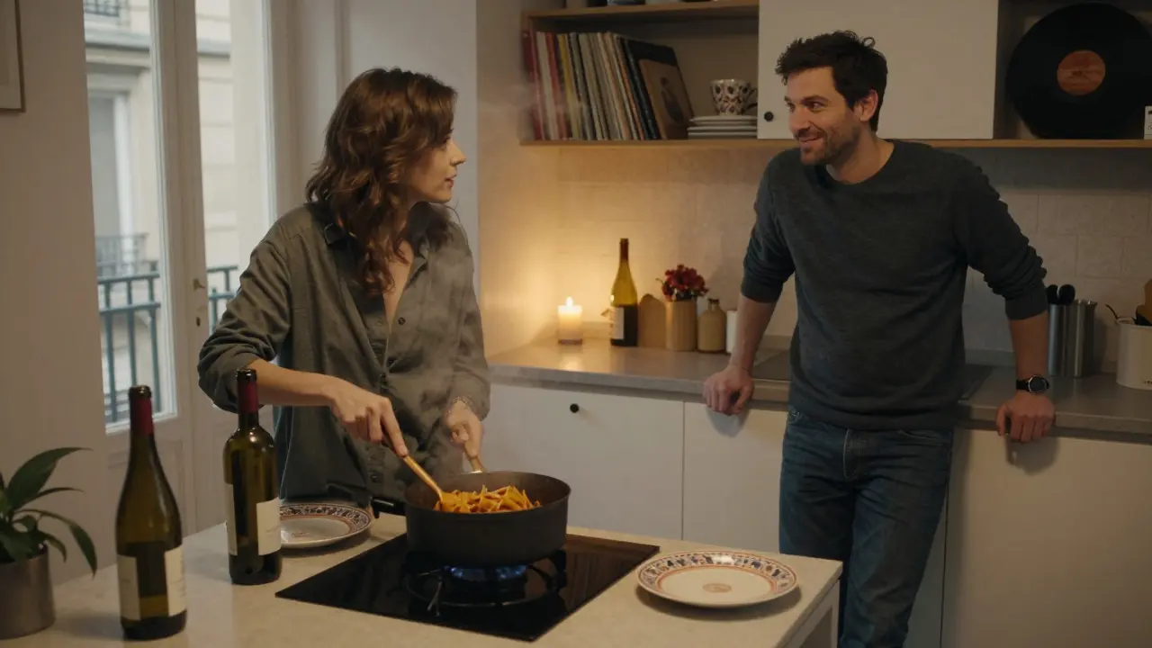 Two people share a quiet evening in a Paris kitchen, cooking pasta together with candlelight and books in the background.