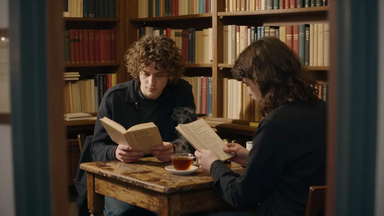 Two people share a quiet moment reading poetry in a cozy Parisian bookshop, lamplight illuminating vintage books.