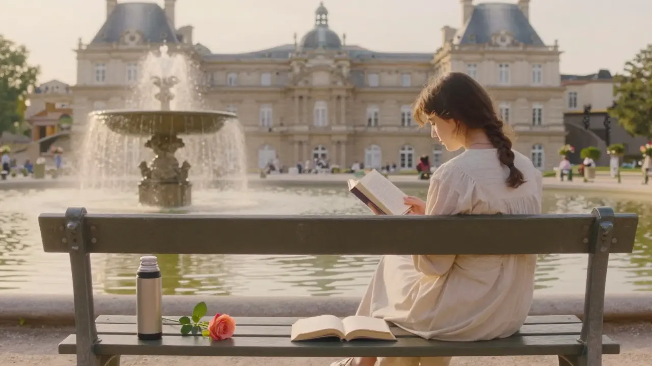 Two people sit peacefully in Luxembourg Gardens, a rose and book beside them as mist rises from the fountain.