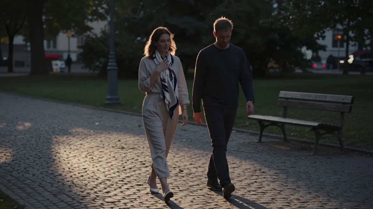 Two people walk slowly through Tiergarten at dusk, one with a silk scarf catching the light, sharing peaceful silence.