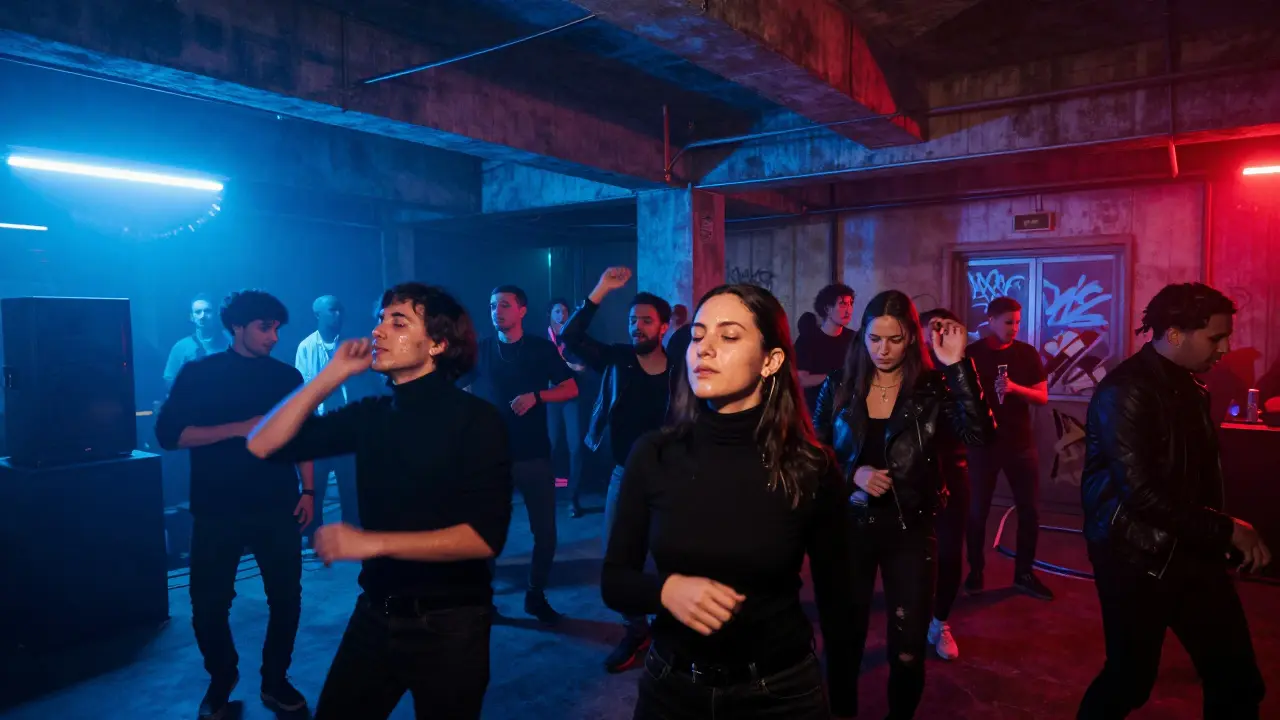 Underground club in Porta Romana with strobing lights, dancers in dark clothing, and industrial atmosphere.