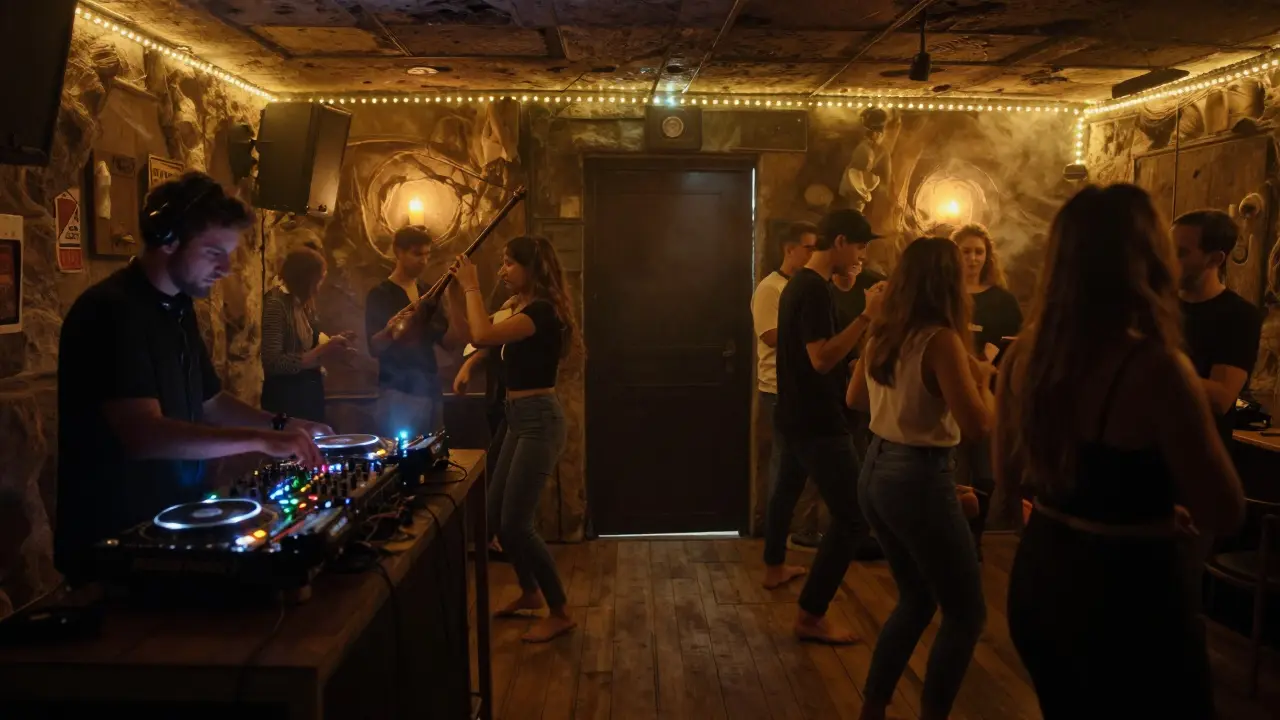 Underground club Karga with duduk and techno music, dancers in dim candlelit warehouse.