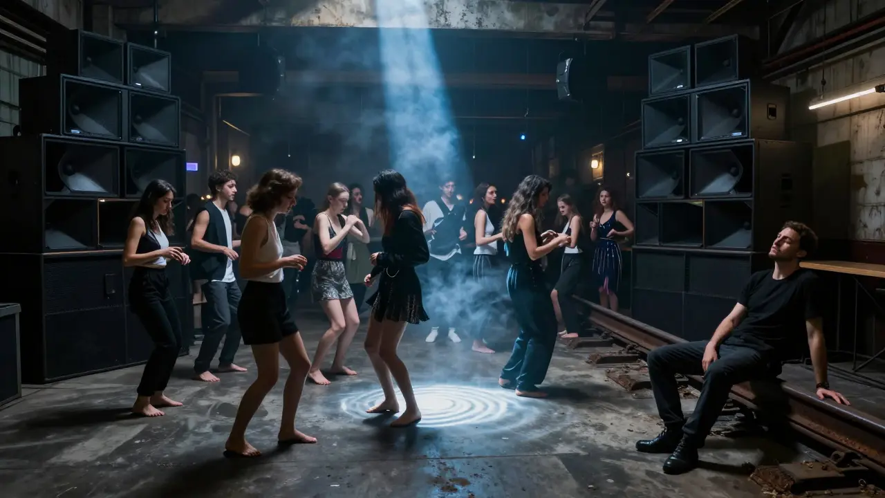 Underground techno club in a former train depot with dancers lost in the music.
