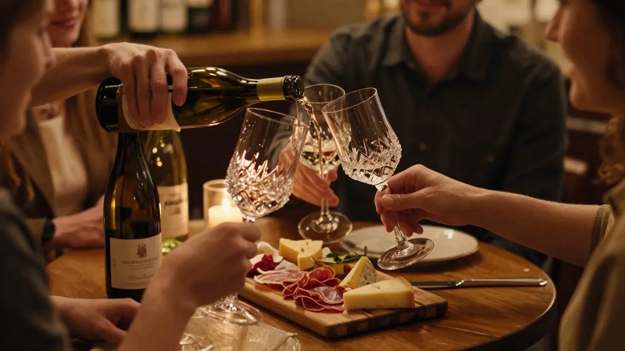 Wine bar with charcuterie and natural wines in candlelight.