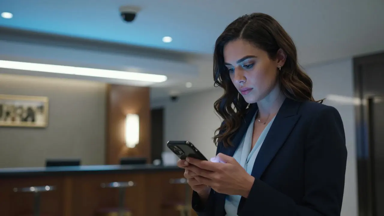 Woman checking street safety app in hotel lobby with security cameras