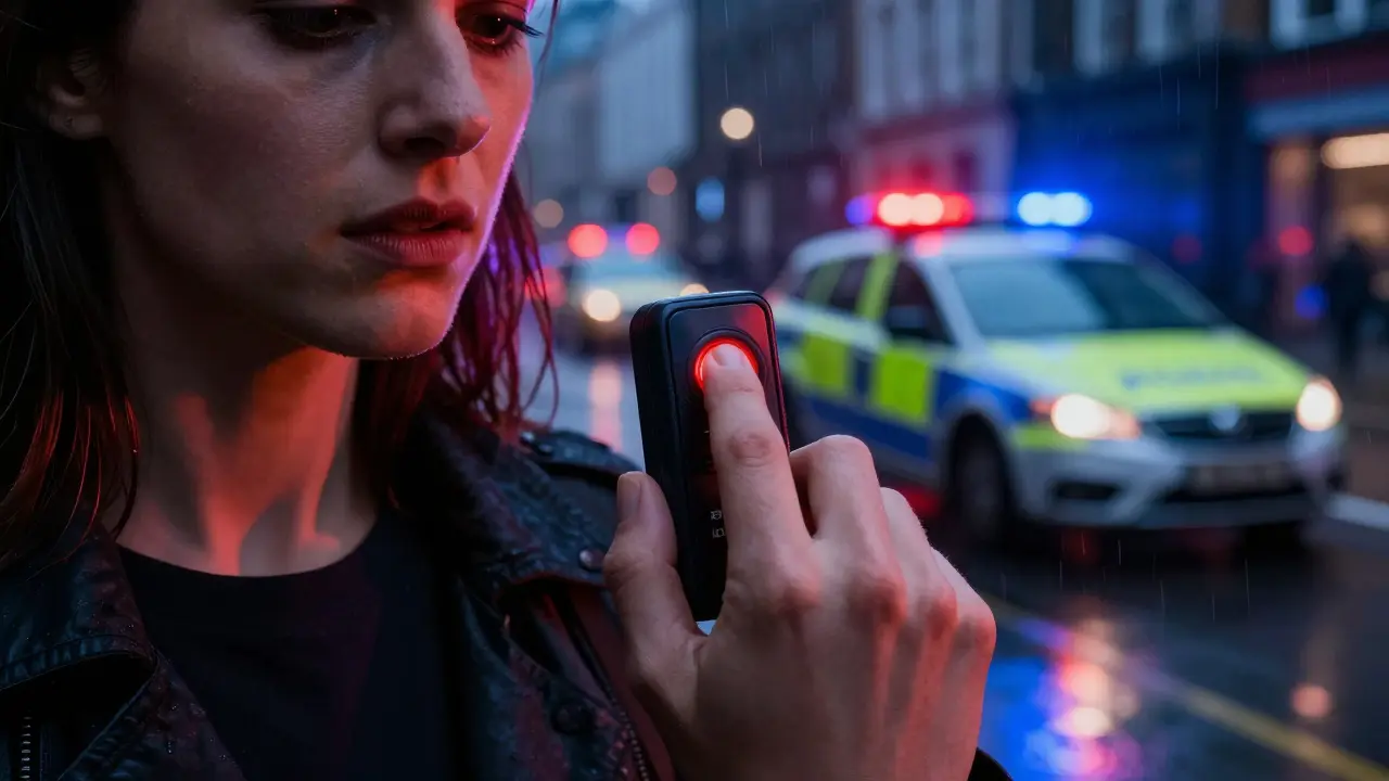 Woman pressing personal alarm with police lights in rainy street background