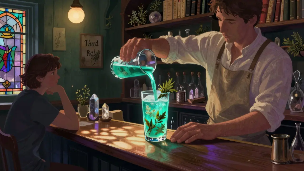A bartender pouring a glowing herbal cocktail in a hidden bar filled with herbs and crystals.