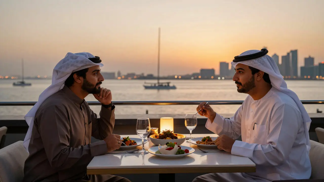 A client and companion enjoying dinner on a rooftop in Abu Dhabi at sunset.