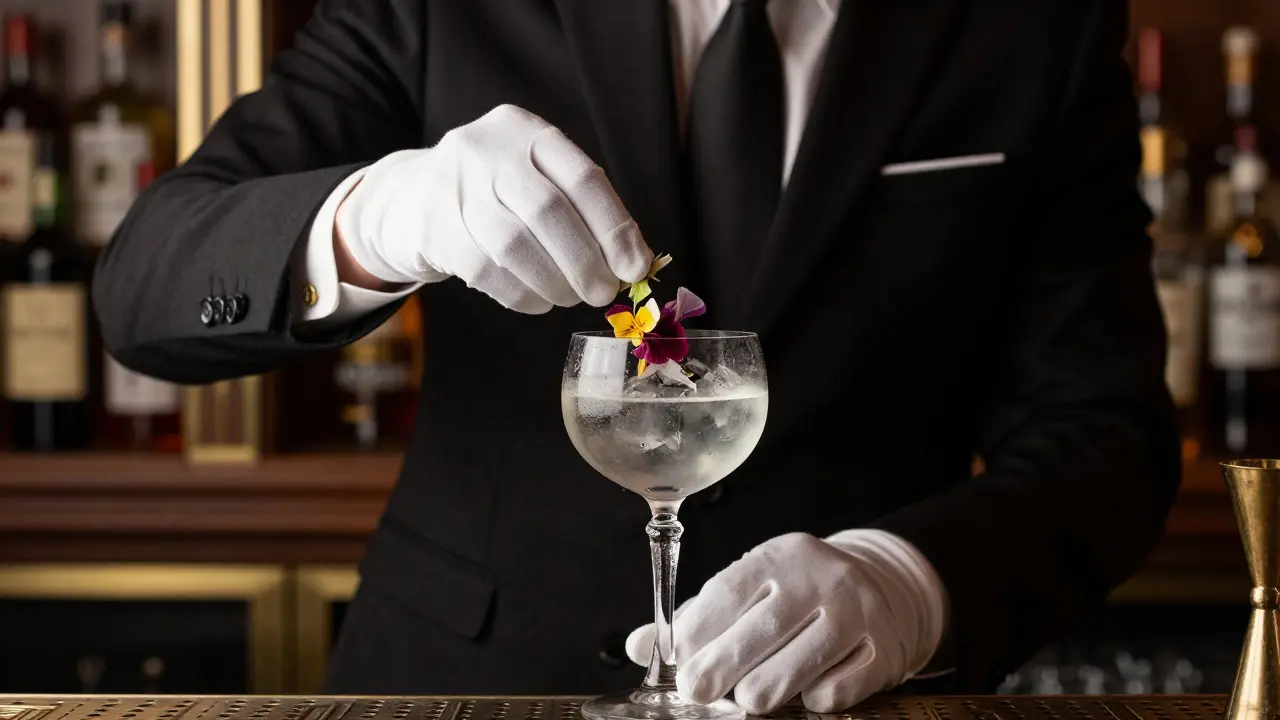 A close-up of a bartender carefully garnishing a cocktail with fresh botanicals in a dim lounge.