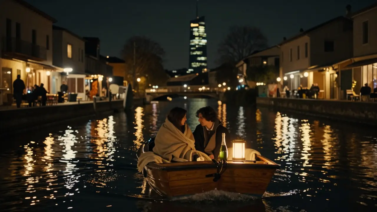 A couple floats peacefully on a private canal boat at night, golden lantern light reflecting on the water of Naviglio Grande.