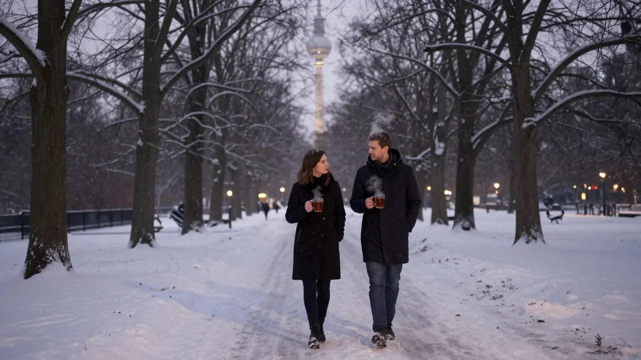 A couple walking through snow-covered Tiergarten park at dusk, steam rising from mugs of mulled wine.