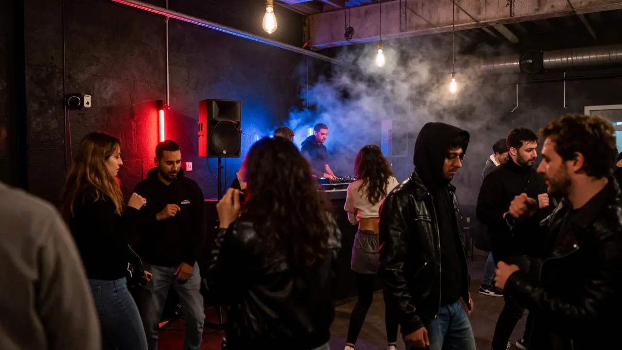 A crowded underground warehouse party in Porta Venezia with strobe lights and dancers moving to electronic music.