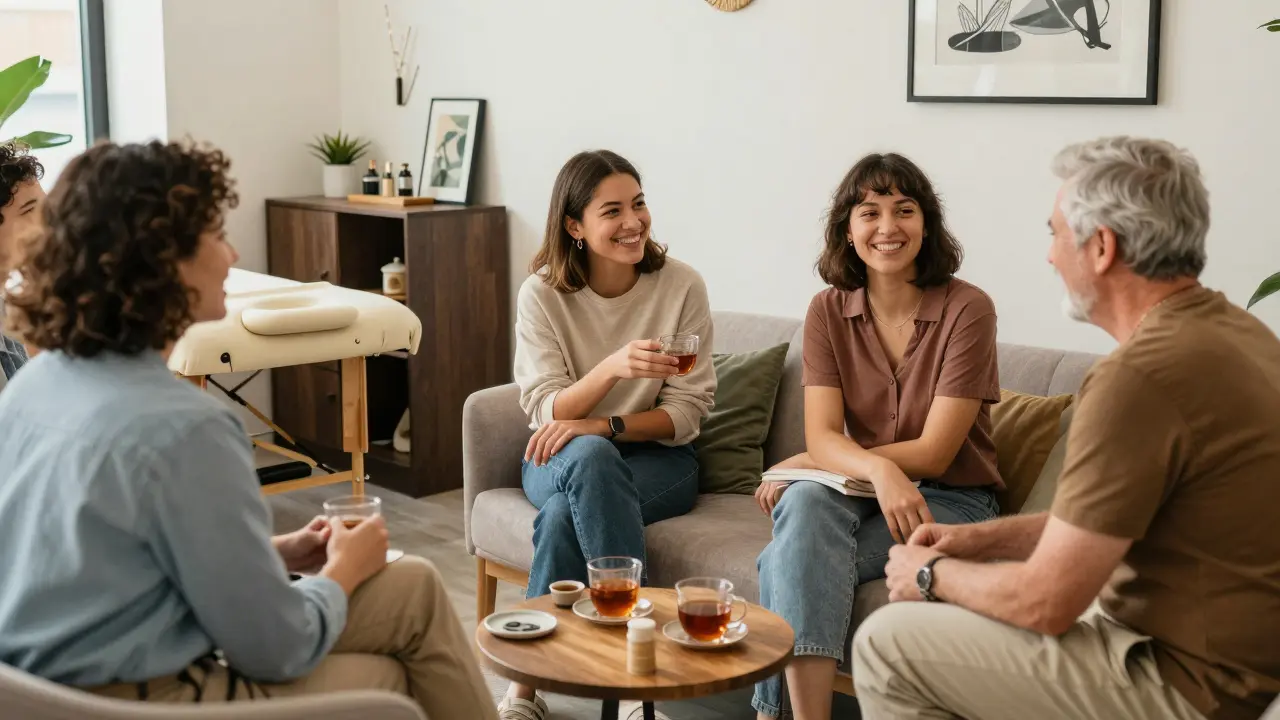 A diverse group enjoying aftercare in a quiet, upscale lounge with tea and comfortable furnishings.