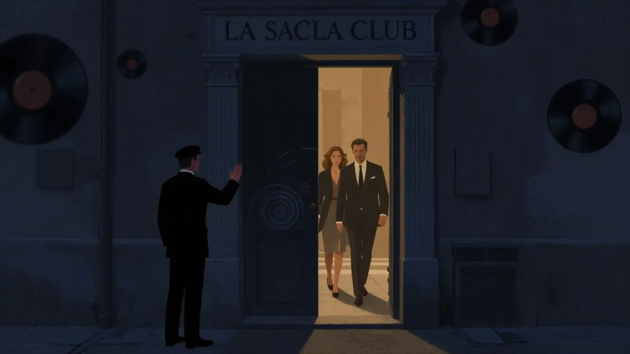 A hidden door in Porta Romana leads to an underground club, with a bouncer letting in guests under moody lighting.