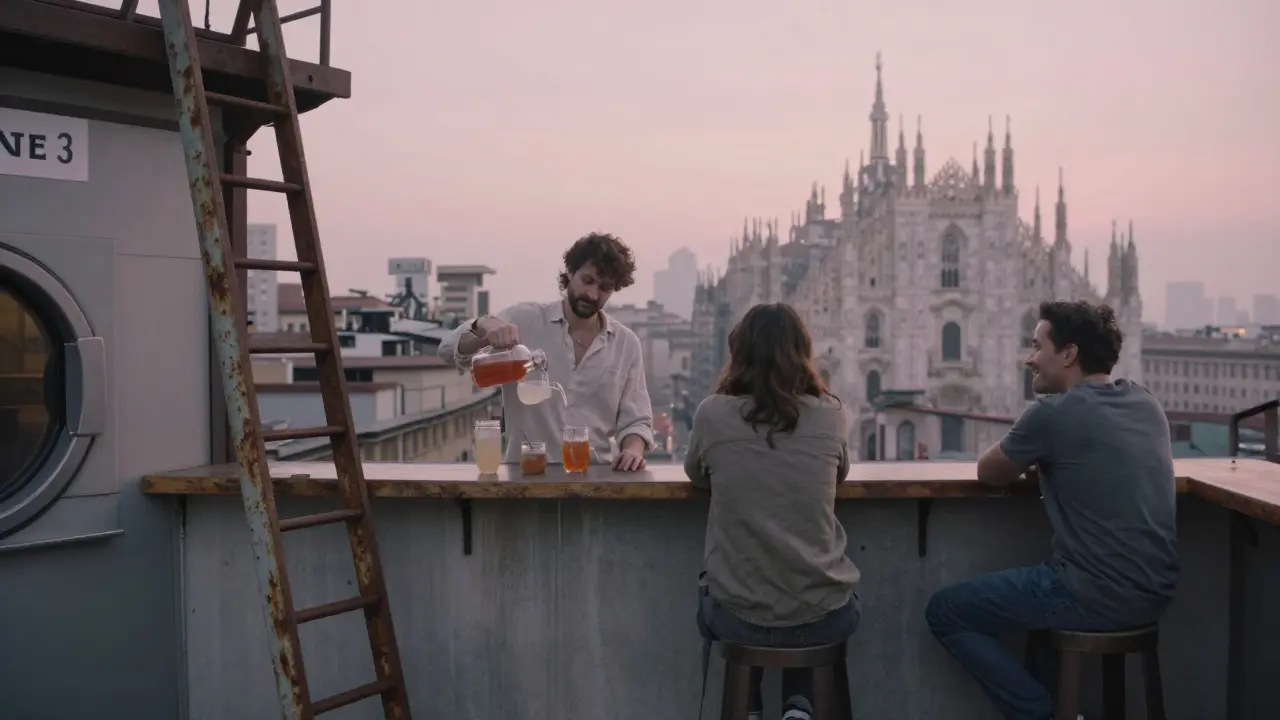 A hidden rooftop bar at dawn with the Milan skyline visible, patrons sipping from mason jars.