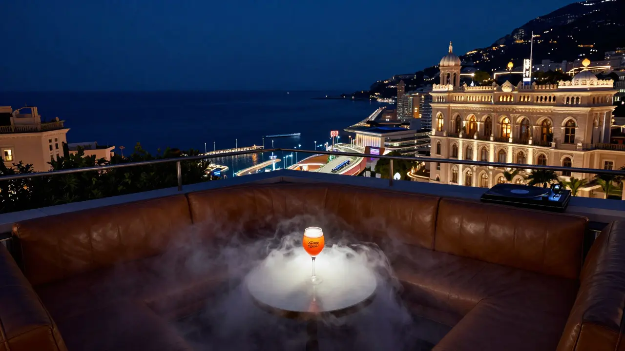 A hidden rooftop terrace in Monaco with a glowing cocktail, leather sofas, and a view of the harbor under midnight stars.