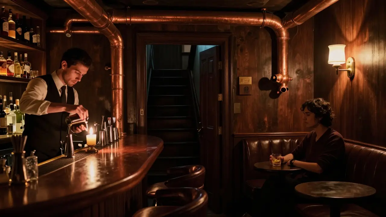 A hidden speakeasy with candlelit bartender mixing cocktails in a moody, intimate room.