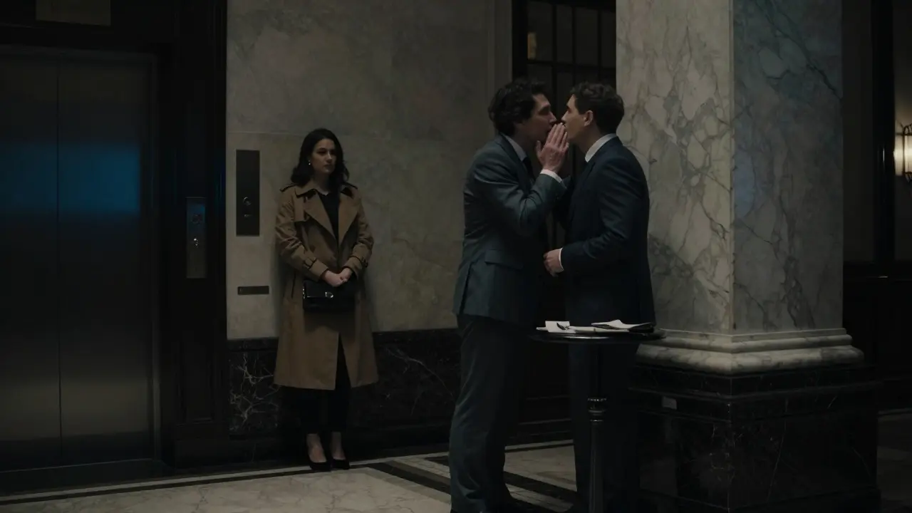 A hotel concierge whispers to a guest near a marble column, a shadowed woman waits nearby in a trench coat, nighttime ambiance.