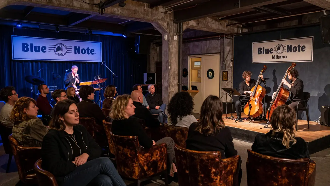 A jazz trio performing in a dimly lit warehouse basement, audience lost in the music.