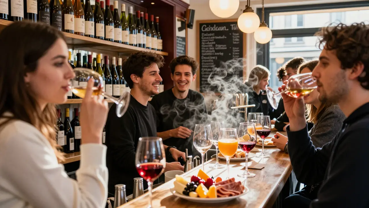 A lively wine bar in Paris’s 11th arrondissement with patrons tasting wine at the counter, bottles and chalkboard menu in the background.