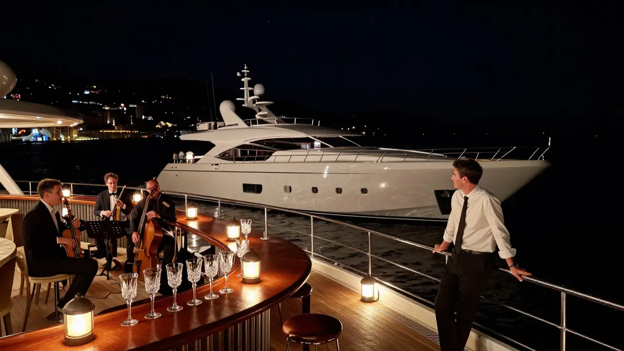 A luxurious superyacht at night with live jazz, crystal flutes, and a lone guest in black tie overlooking the dark Mediterranean.