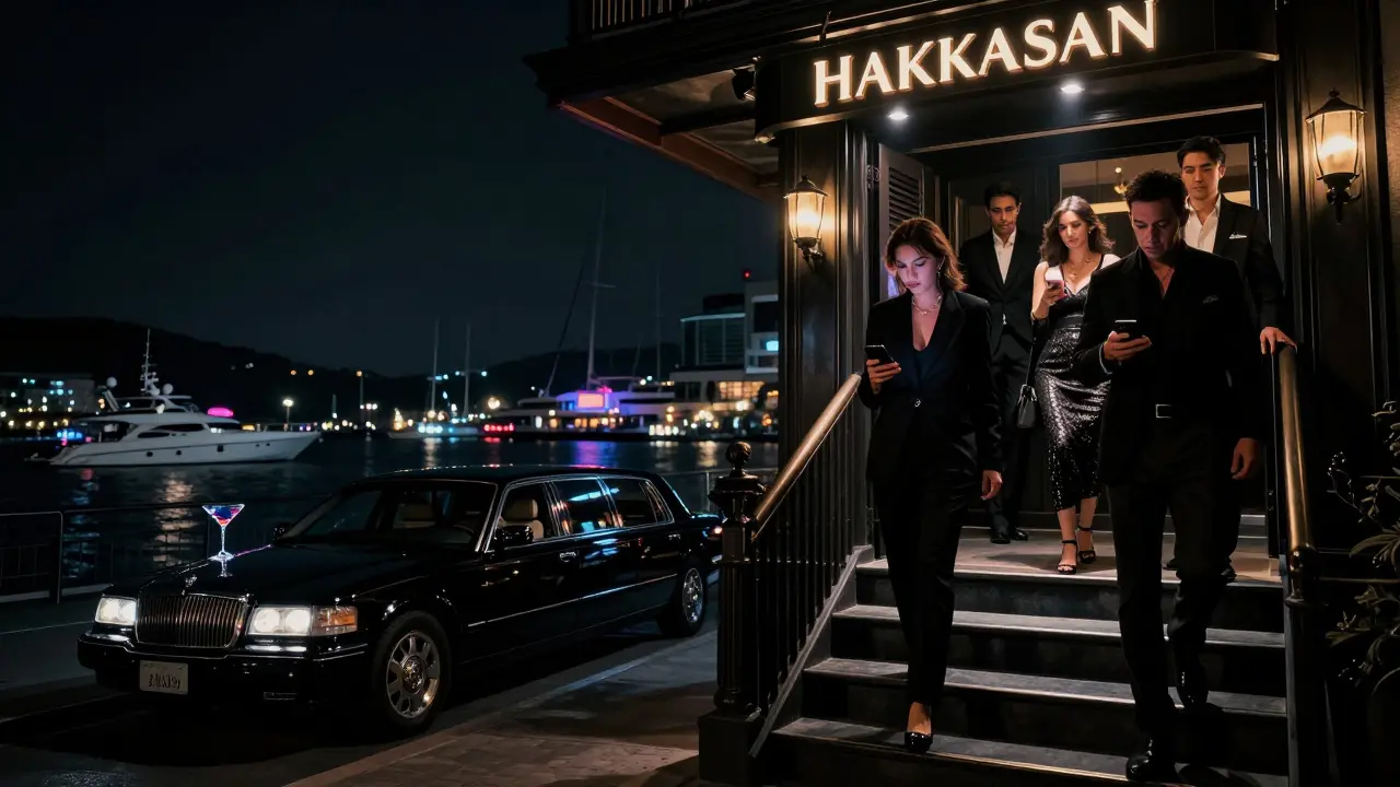 A luxury club above the harbor at midnight with yachts glowing below and a curated crowd ascending the stairs.