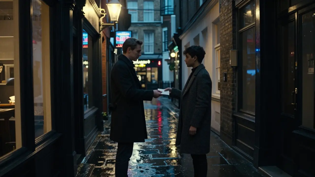A man and non-binary person exchanging a discreet envelope in a rainy London alley under a flickering streetlamp.