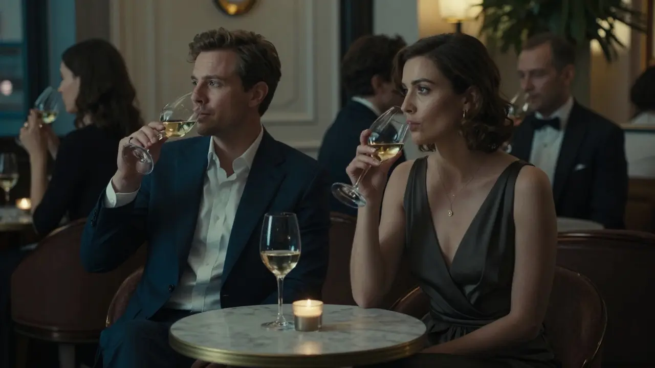 A man and woman sit silently together at an exclusive London club, exuding poise and emotional distance.