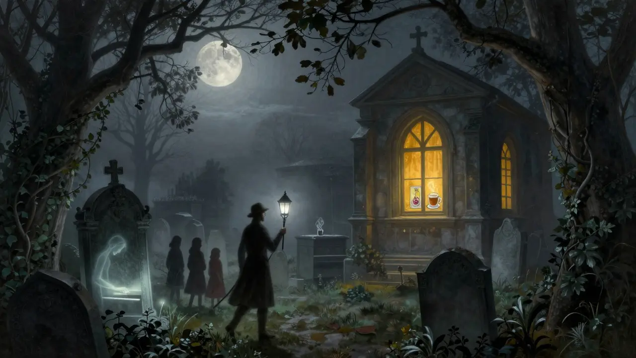 A moonlit cemetery at night with a lantern-lit guide and glowing tombstone, a warm café window visible in the distance.