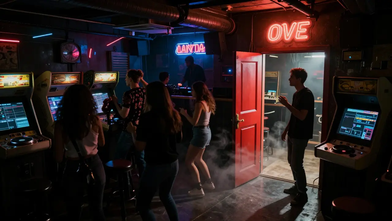 A neon-lit underground club with strobe lights, arcade machines, and a crowd dancing to techno music.
