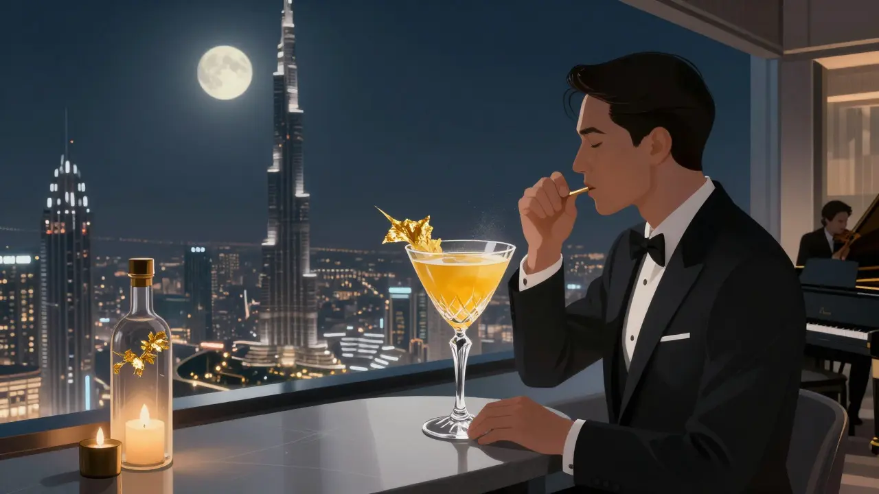 A person sipping an elegant golden cocktail on a high rooftop with Dubai's glittering city lights below.