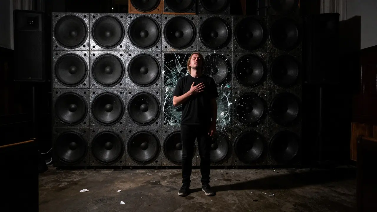 A person stands in complete darkness at a noise performance, hands pressed to their chest as sound vibrations fill the room.