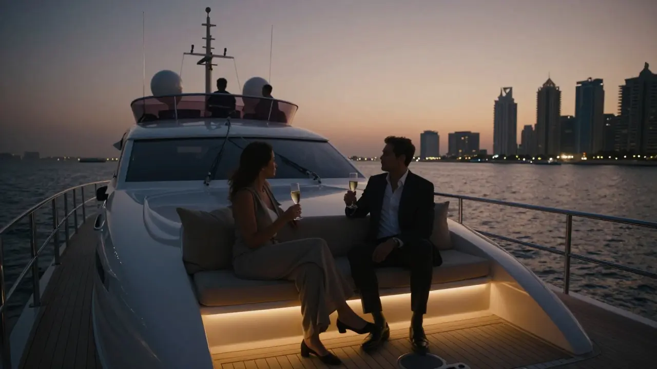 A private yacht cruising Dubai Marina at sunset with two elegantly dressed individuals on deck.