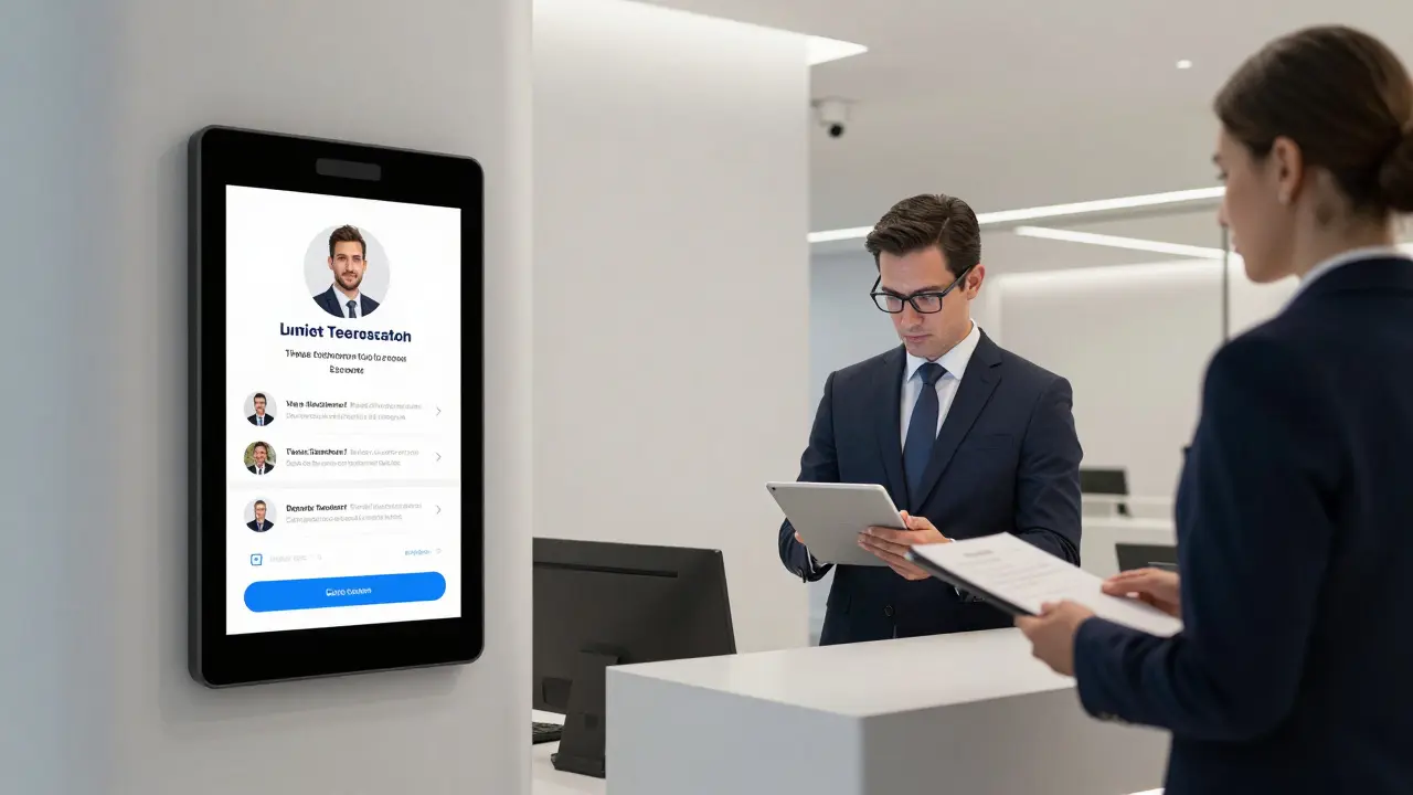 A professional agency office in Abu Dhabi with digital profiles and secure booking systems.