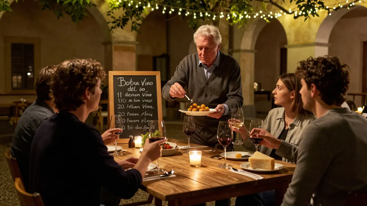 A quiet courtyard in Brera at night, locals sipping wine and sharing small plates under soft lantern glow.