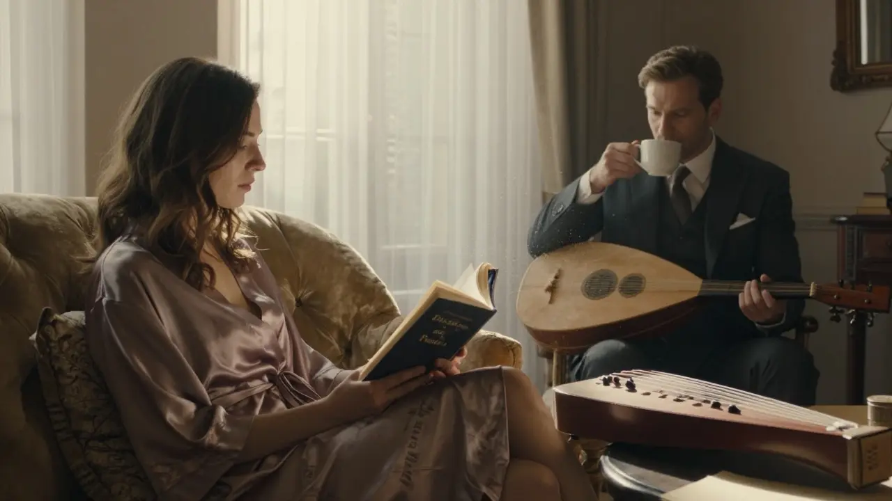 A quiet dawn scene in a private villa with a woman reading philosophy beside a signed book and an oud, bathed in soft sunlight.
