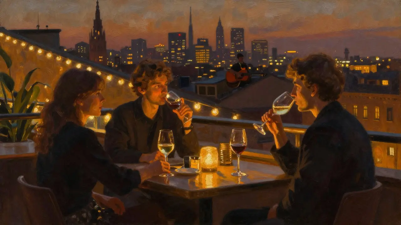 A rooftop bar in Milan with guests enjoying wine and city lights at night.