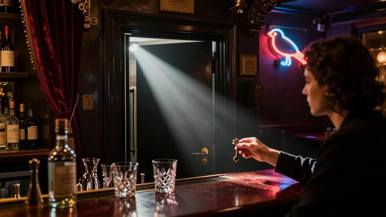 A secret speakeasy entrance behind a fridge, lit by a single beam of light in a dim pub.