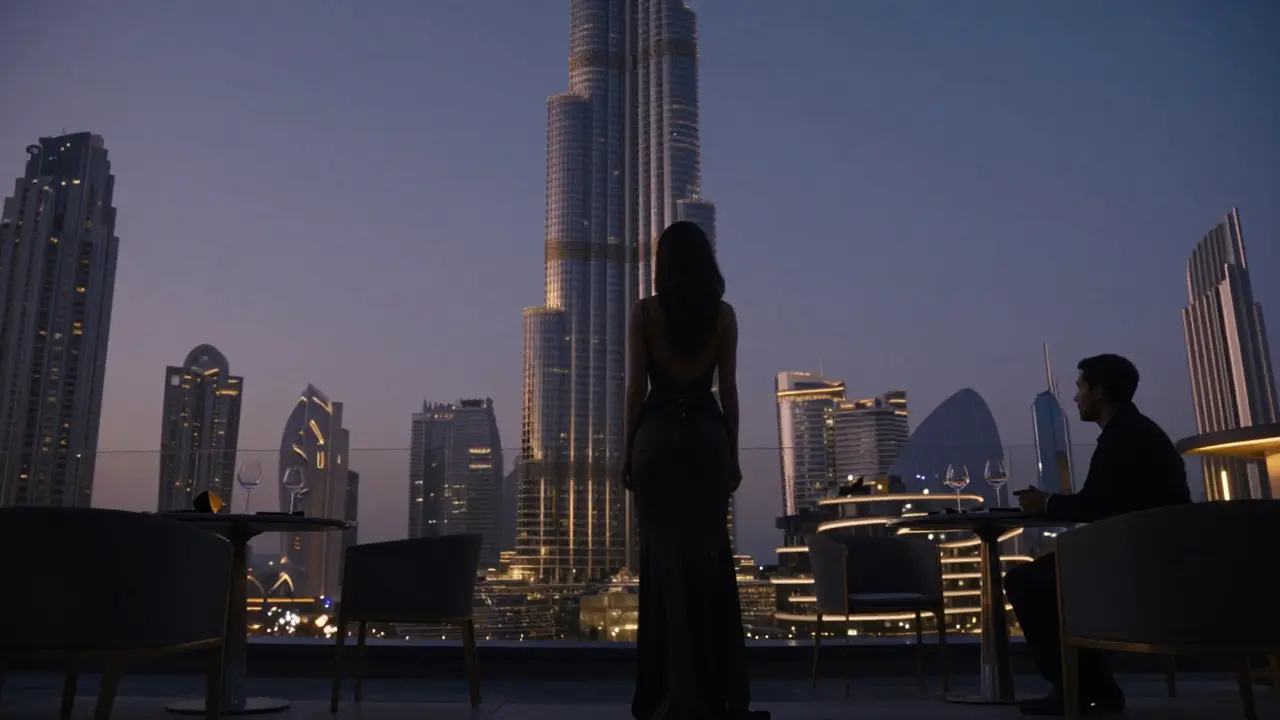 A silhouette of a woman on a rooftop lounge overlooking the Burj Khalifa, evoking quiet luxury and companionship.