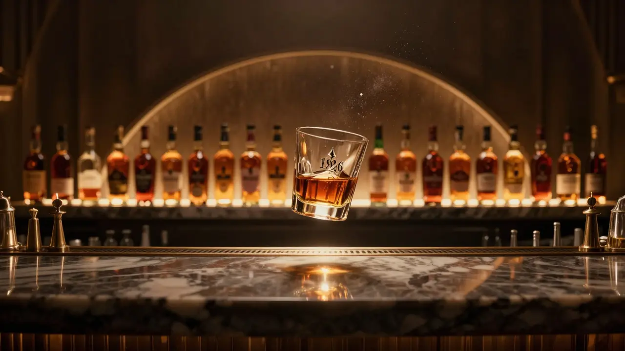A single glass of premium whiskey floating in mid-air above a luxurious bar with glowing bottles behind.