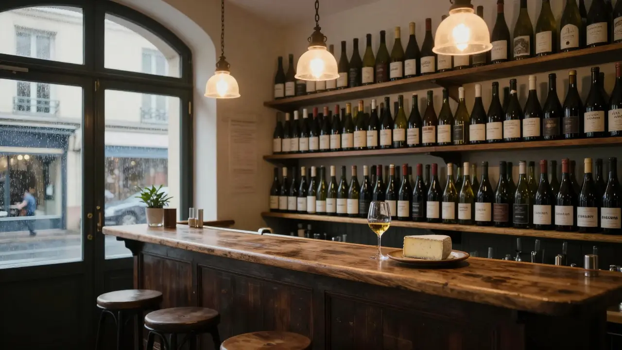 A small wine bar under Parisian arches with three stools, bottles lining the walls, and a cheese plate beside a glass of Gamay.
