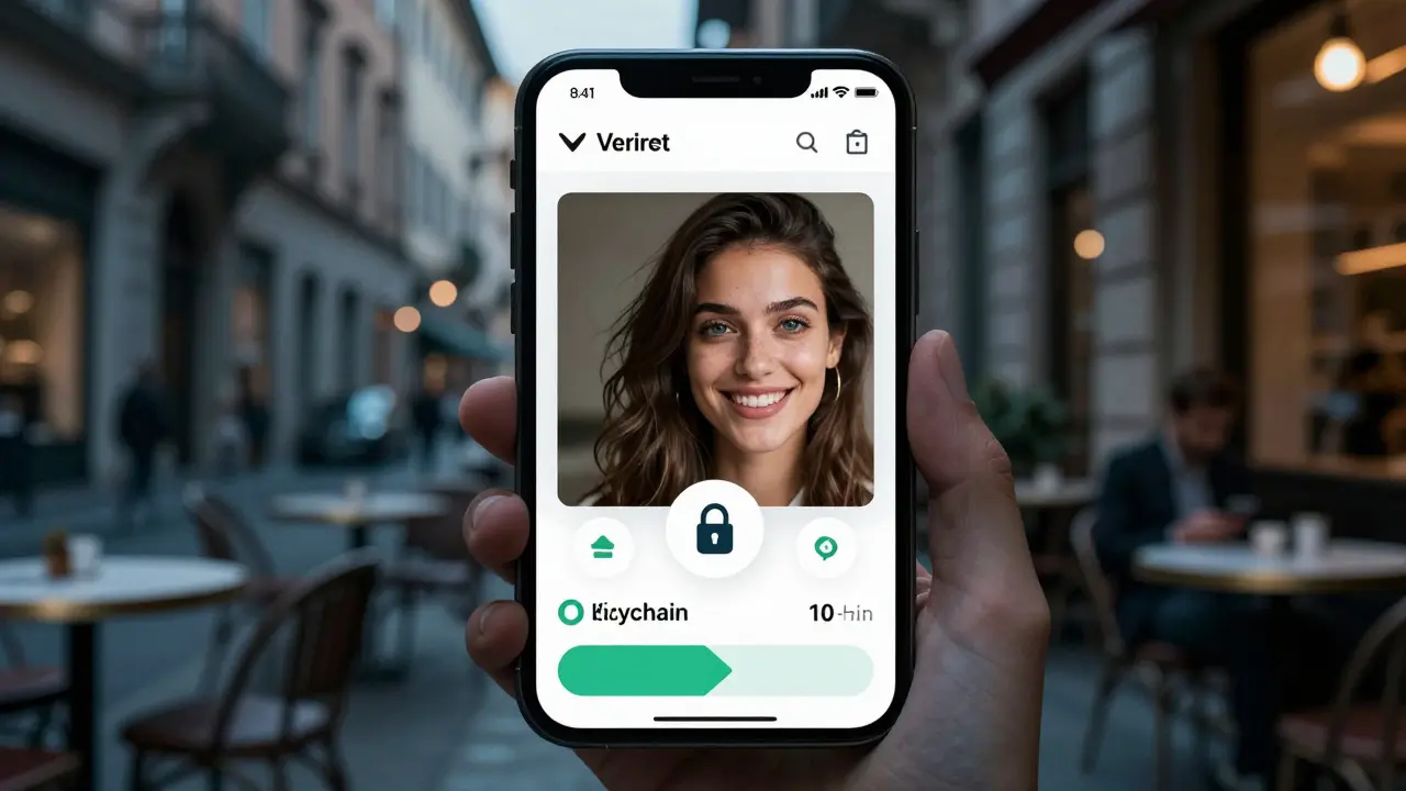 A smartphone screen showing a verified escort profile with encrypted payment options, reflected in a client's eye in a quiet café.