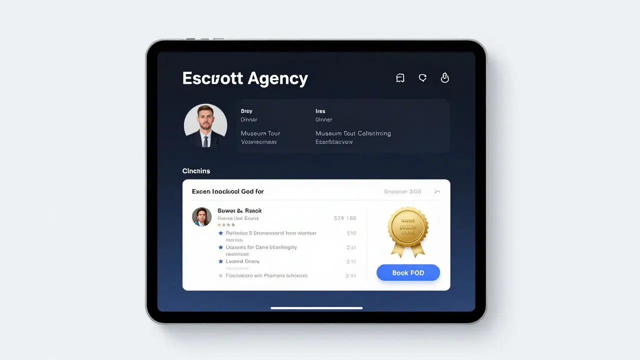 A tablet screen displaying a verified escort agency's booking interface with service options and client reviews.