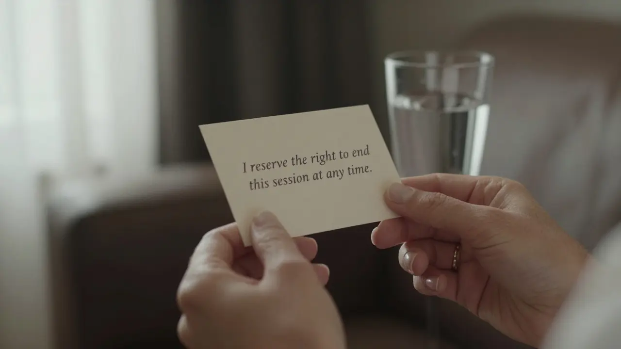 A woman's hand holds a safety card with faint text, wedding ring visible, natural light filtering through curtains.