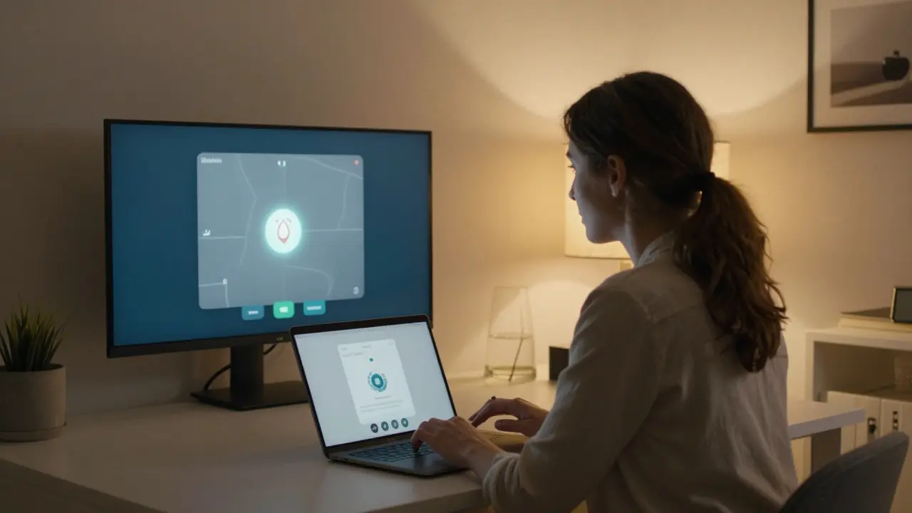 A woman conducting a video consultation with a client using a safety app with real-time monitoring features.
