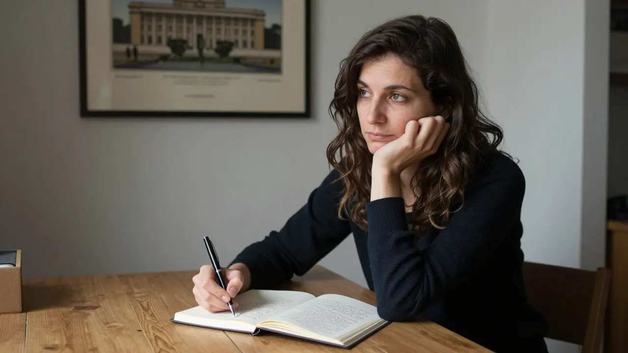 A woman writes in a journal at a sunlit desk, notes about clients visible, art of the Biennale on the wall behind her.